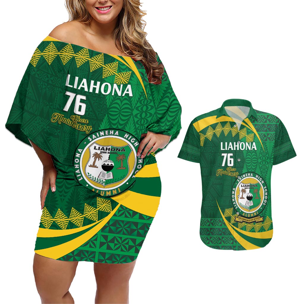 Personalised Tonga Liahona-Saineha High School Couples Matching Off Shoulder Short Dress and Hawaiian Shirt Happy 76 Years Anniversary LT14 Green - Polynesian Pride