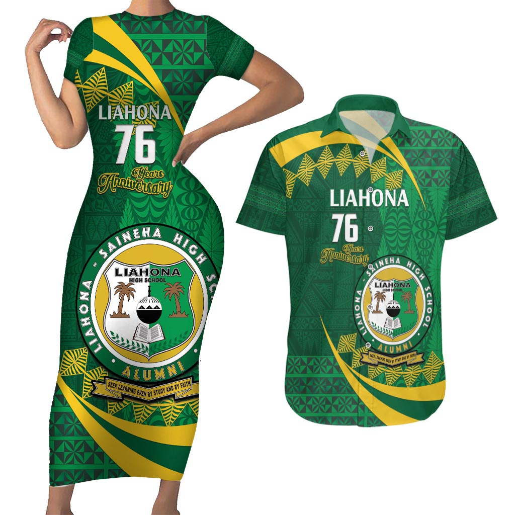 Personalised Tonga Liahona-Saineha High School Couples Matching Short Sleeve Bodycon Dress and Hawaiian Shirt Happy 76 Years Anniversary LT14 Green - Polynesian Pride