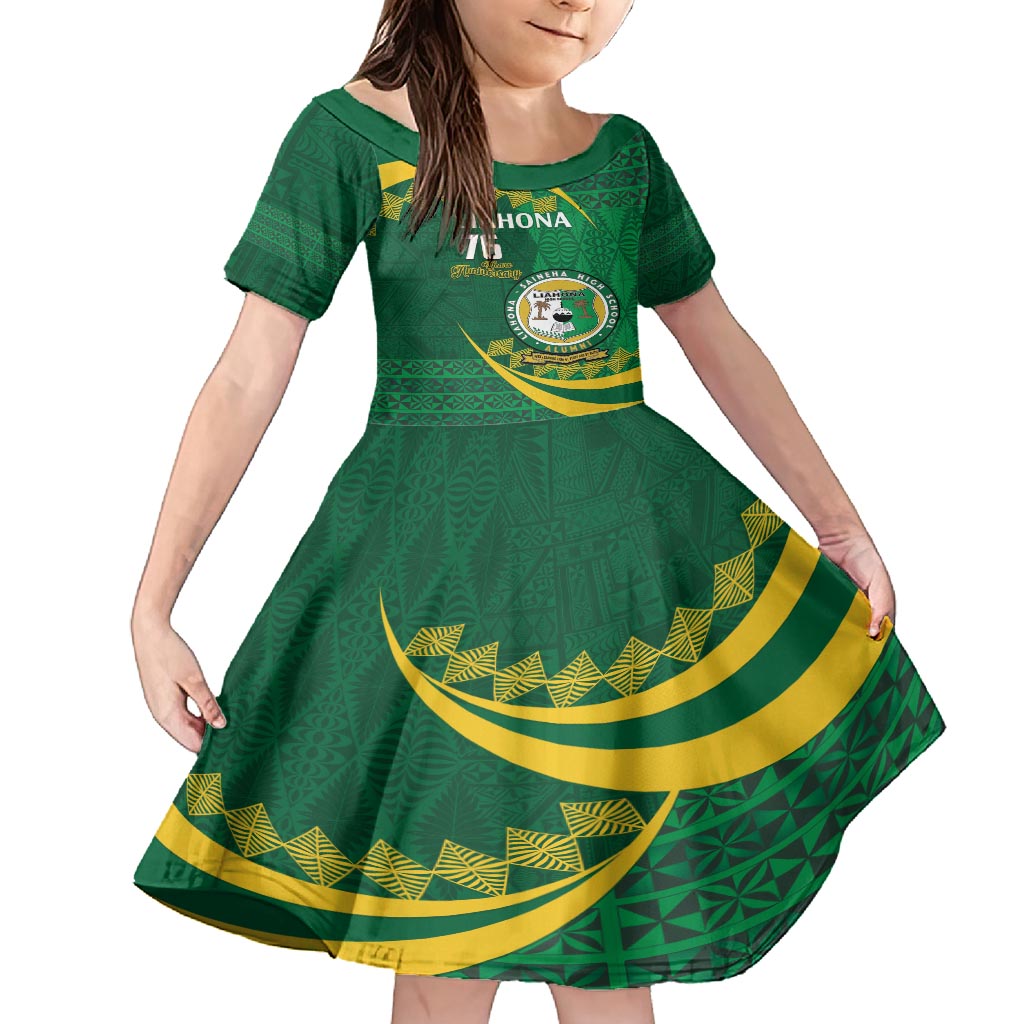Personalised Tonga Liahona-Saineha High School Family Matching Long Sleeve Bodycon Dress and Hawaiian Shirt Happy 76 Years Anniversary LT14 Daughter's Dress Green - Polynesian Pride