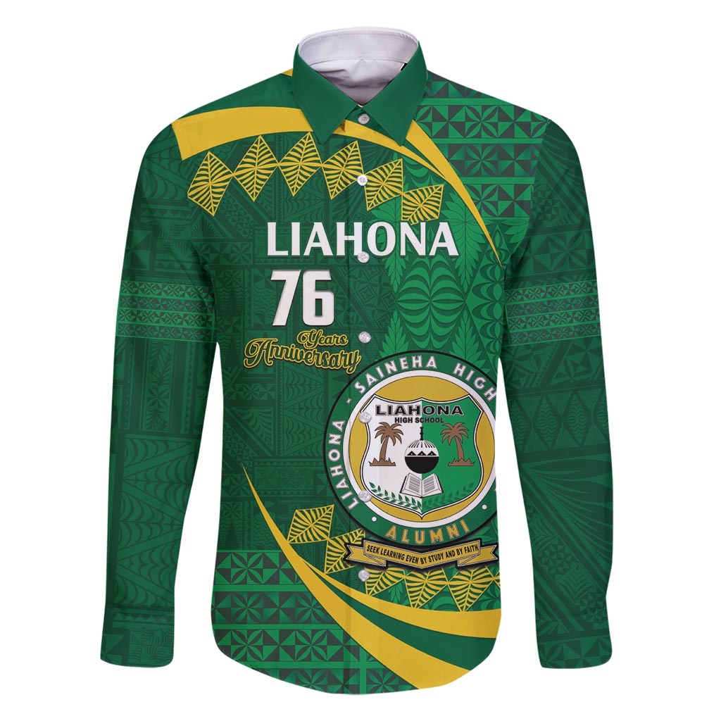 Personalised Tonga Liahona-Saineha High School Family Matching Long Sleeve Bodycon Dress and Hawaiian Shirt Happy 76 Years Anniversary LT14 Dad's Shirt - Long Sleeve Green - Polynesian Pride
