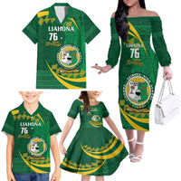 Personalised Tonga Liahona-Saineha High School Family Matching Off The Shoulder Long Sleeve Dress and Hawaiian Shirt Happy 76 Years Anniversary LT14 - Polynesian Pride