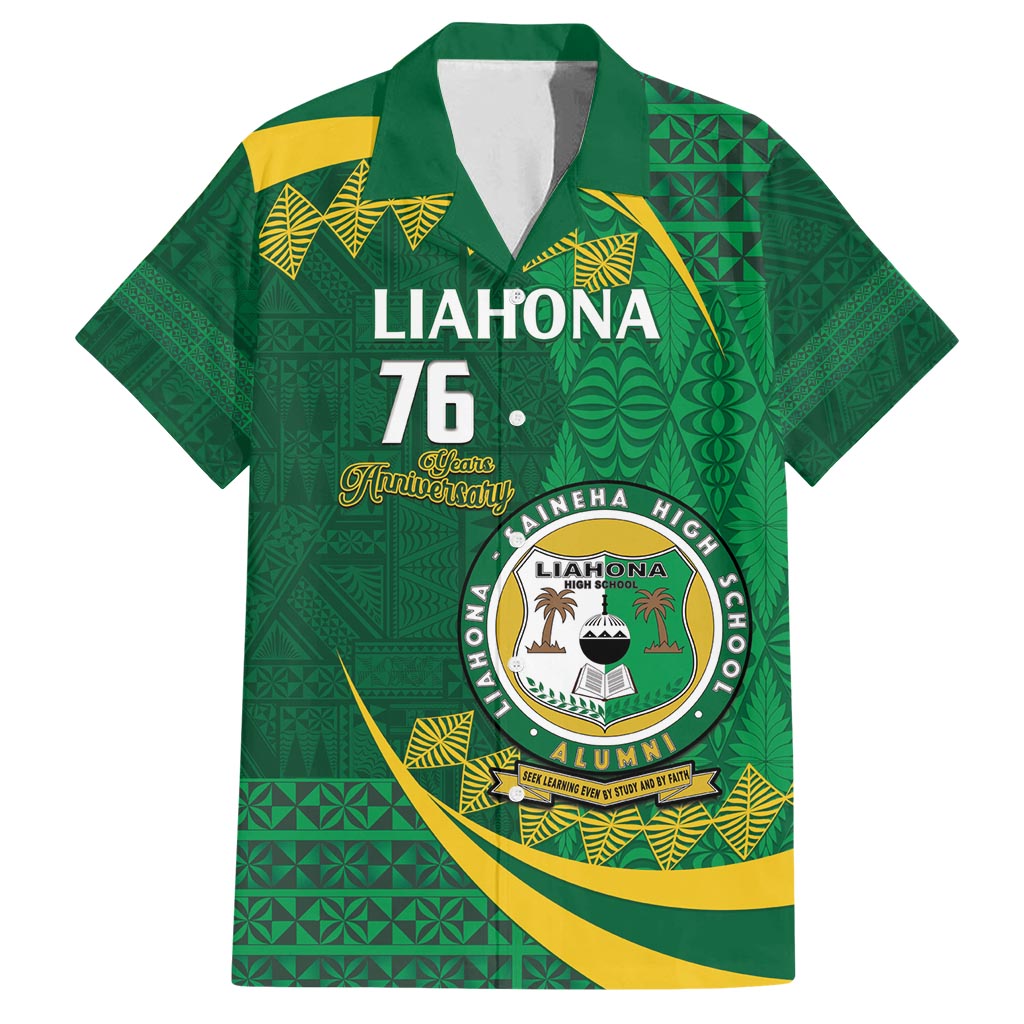 Personalised Tonga Liahona-Saineha High School Family Matching Off Shoulder Maxi Dress and Hawaiian Shirt Happy 76 Years Anniversary LT14 Dad's Shirt - Short Sleeve Green - Polynesian Pride