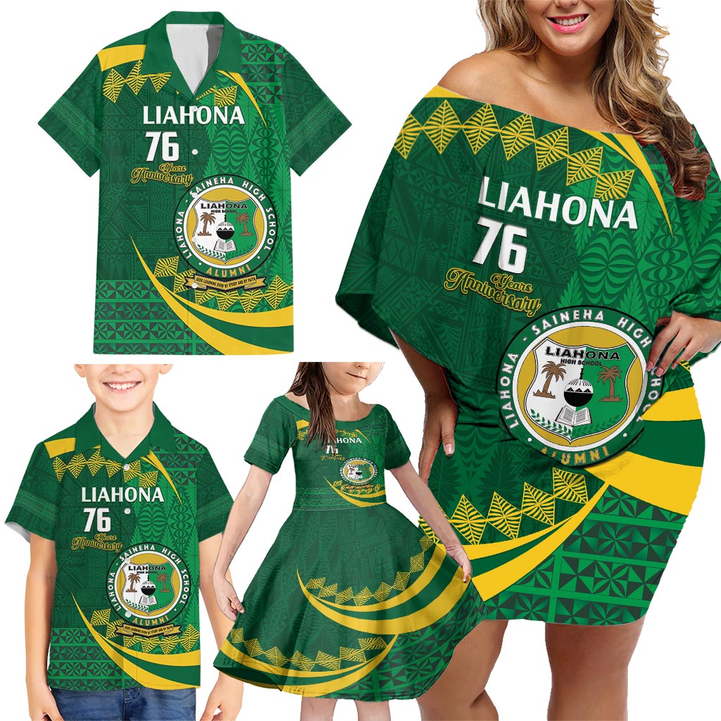 Personalised Tonga Liahona-Saineha High School Family Matching Off Shoulder Short Dress and Hawaiian Shirt Happy 76 Years Anniversary LT14 - Polynesian Pride