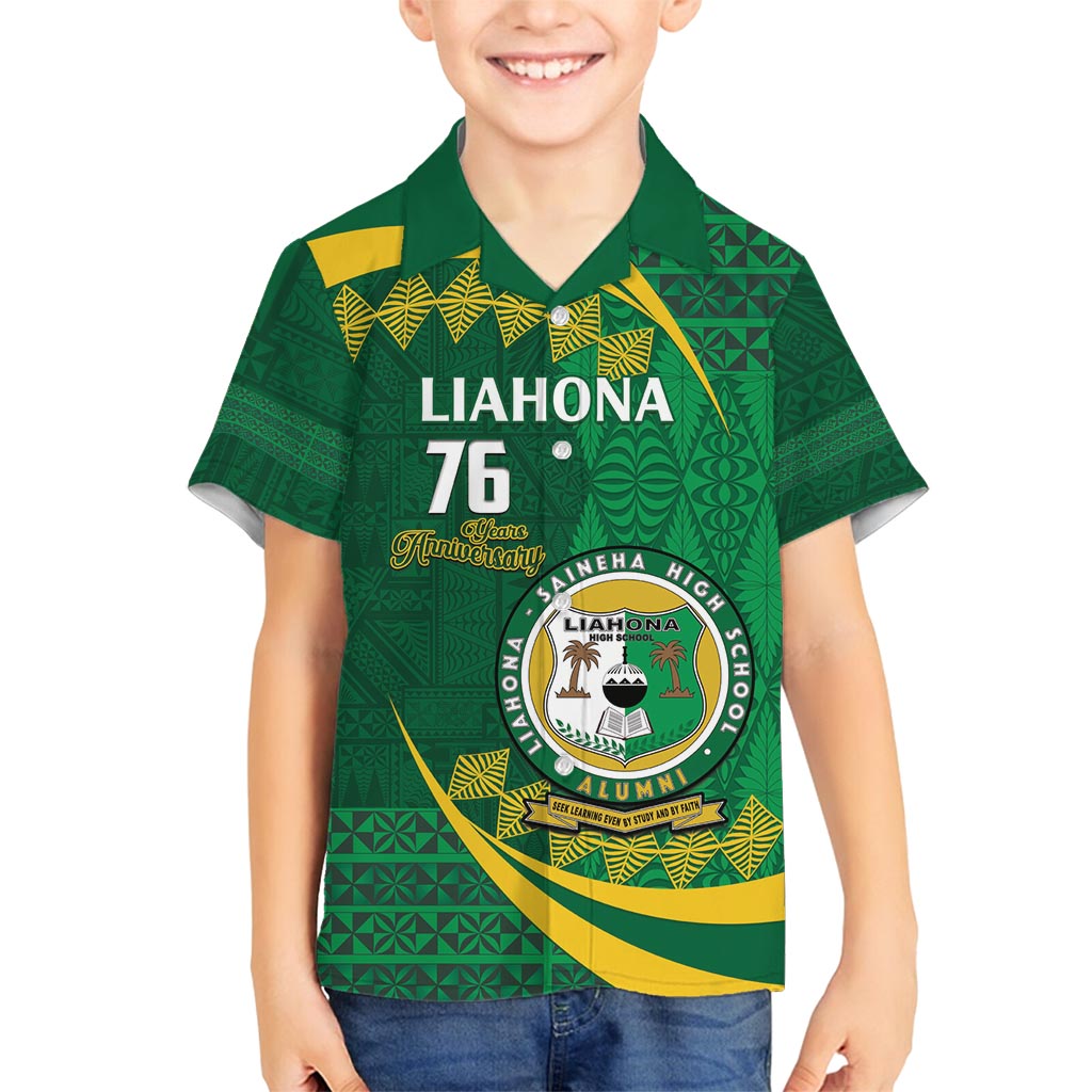 Personalised Tonga Liahona-Saineha High School Family Matching Off Shoulder Short Dress and Hawaiian Shirt Happy 76 Years Anniversary LT14 Son's Shirt Green - Polynesian Pride