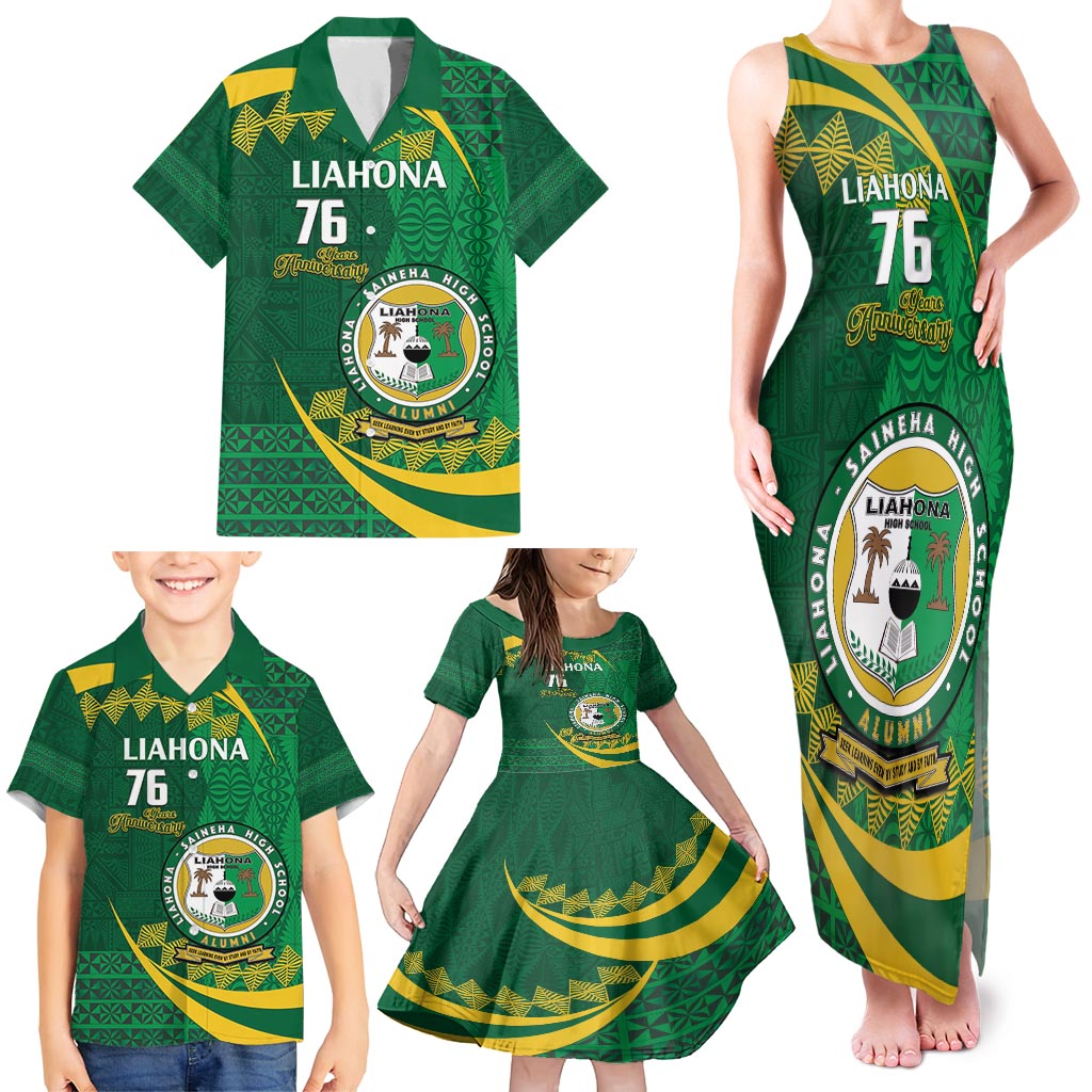 Personalised Tonga Liahona-Saineha High School Family Matching Tank Maxi Dress and Hawaiian Shirt Happy 76 Years Anniversary LT14 - Polynesian Pride