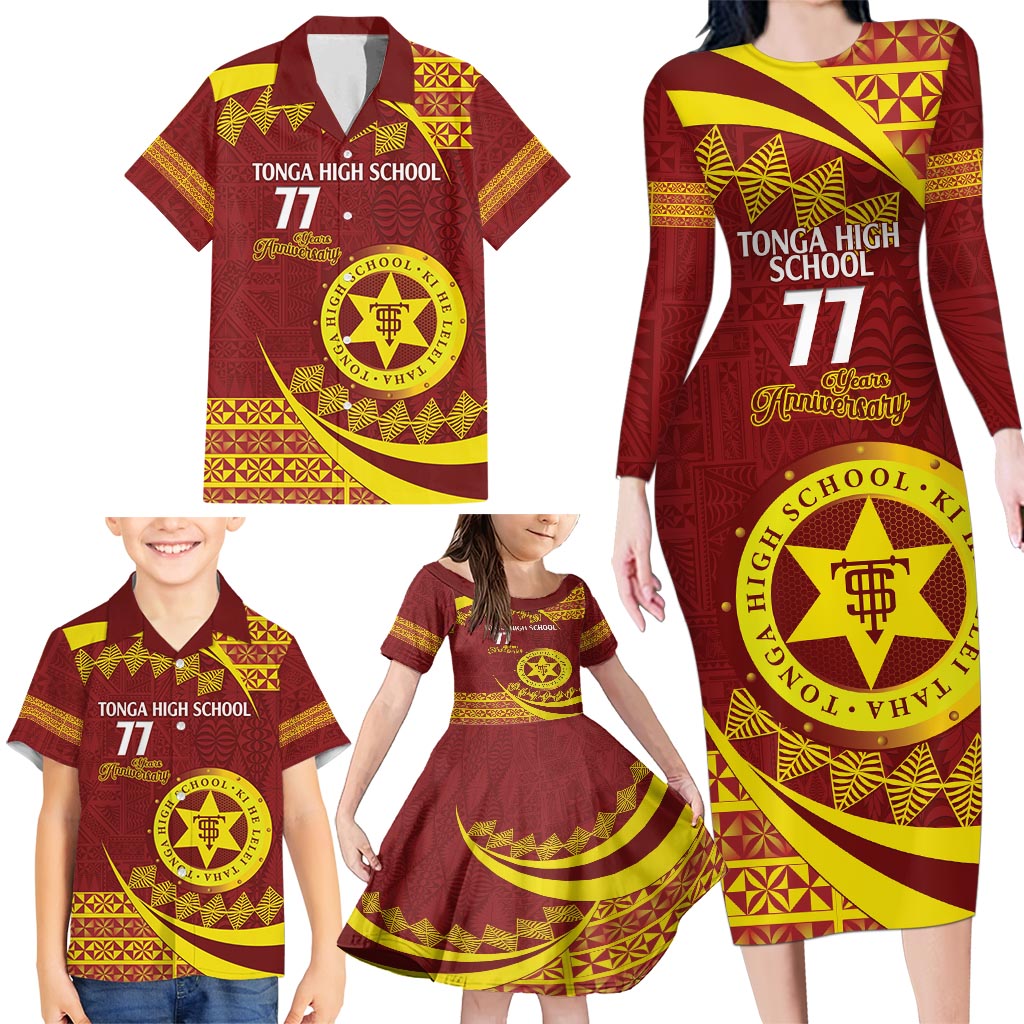 Personalised Tonga High School Family Matching Long Sleeve Bodycon Dress and Hawaiian Shirt Happy 77 Years Anniversary LT14 - Polynesian Pride
