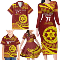 Personalised Tonga High School Family Matching Long Sleeve Bodycon Dress and Hawaiian Shirt Happy 77 Years Anniversary LT14 - Polynesian Pride