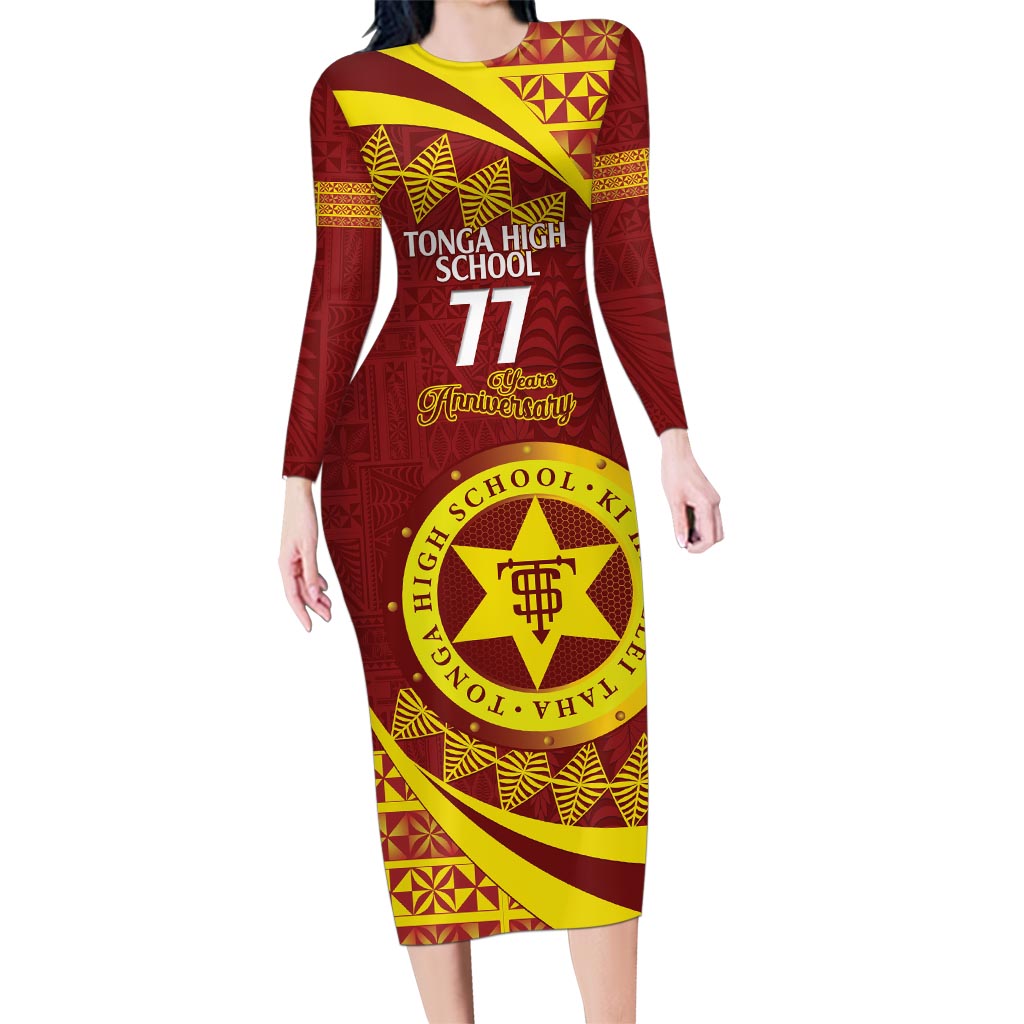 Personalised Tonga High School Family Matching Long Sleeve Bodycon Dress and Hawaiian Shirt Happy 77 Years Anniversary LT14 Mom's Dress Maroon - Polynesian Pride