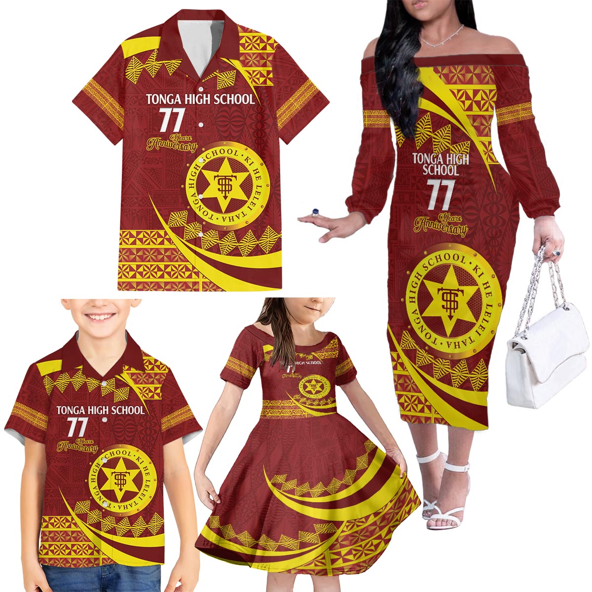 Personalised Tonga High School Family Matching Off The Shoulder Long Sleeve Dress and Hawaiian Shirt Happy 77 Years Anniversary LT14 - Polynesian Pride