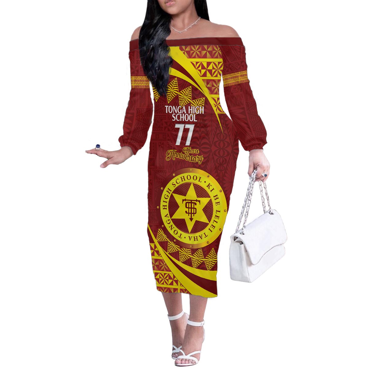 Personalised Tonga High School Family Matching Off The Shoulder Long Sleeve Dress and Hawaiian Shirt Happy 77 Years Anniversary LT14 Mom's Dress Maroon - Polynesian Pride