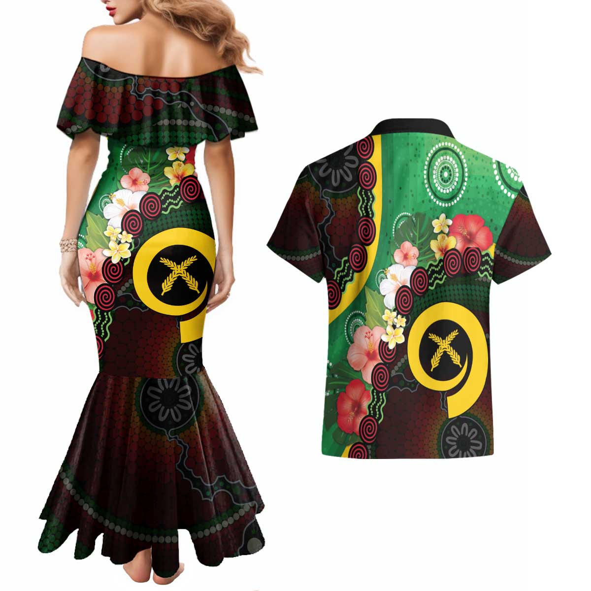 Long God Yumi Stanap Vanuatu Couples Matching Mermaid Dress and Hawaiian Shirt Tropical Flowers Aboriginal Pattern