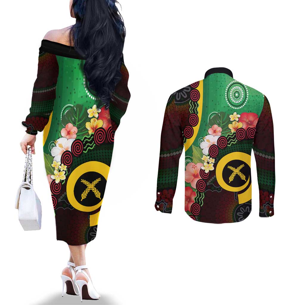 Long God Yumi Stanap Vanuatu Couples Matching Off The Shoulder Long Sleeve Dress and Long Sleeve Button Shirt Tropical Flowers Aboriginal Pattern