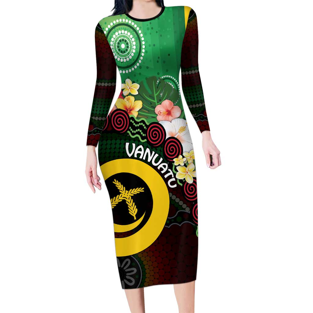 Long God Yumi Stanap Vanuatu Family Matching Long Sleeve Bodycon Dress and Hawaiian Shirt Tropical Flowers Aboriginal Pattern LT14 Mom's Dress Green - Polynesian Pride