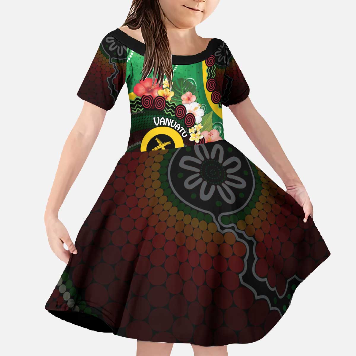 Long God Yumi Stanap Vanuatu Family Matching Off The Shoulder Long Sleeve Dress and Hawaiian Shirt Tropical Flowers Aboriginal Pattern LT14 Daughter's Dress Green - Polynesian Pride
