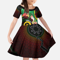 Long God Yumi Stanap Vanuatu Family Matching Off The Shoulder Long Sleeve Dress and Hawaiian Shirt Tropical Flowers Aboriginal Pattern LT14 Daughter's Dress Green - Polynesian Pride