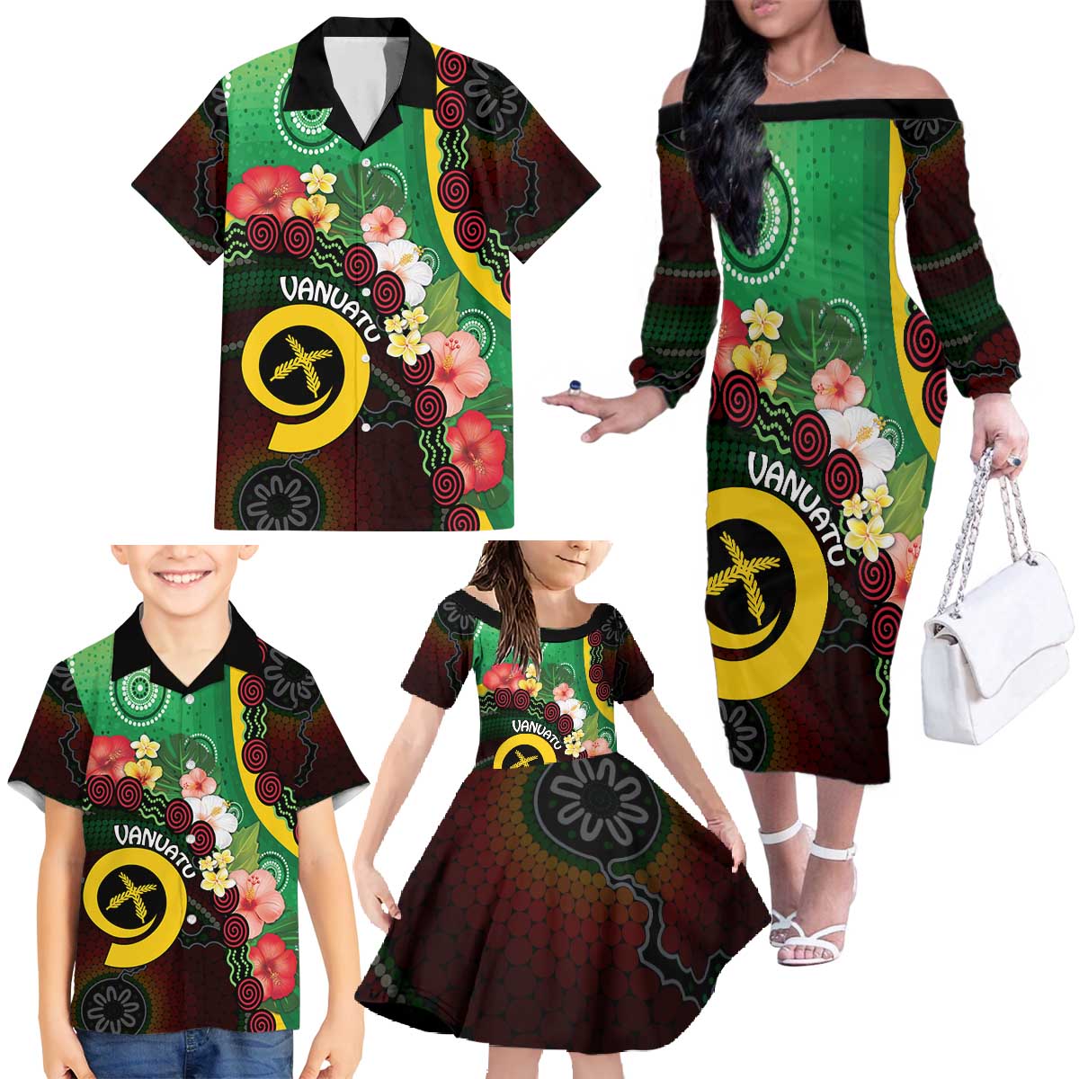 Long God Yumi Stanap Vanuatu Family Matching Off The Shoulder Long Sleeve Dress and Hawaiian Shirt Tropical Flowers Aboriginal Pattern LT14 - Polynesian Pride