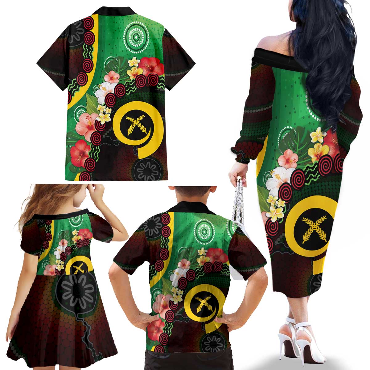 Long God Yumi Stanap Vanuatu Family Matching Off The Shoulder Long Sleeve Dress and Hawaiian Shirt Tropical Flowers Aboriginal Pattern LT14 - Polynesian Pride