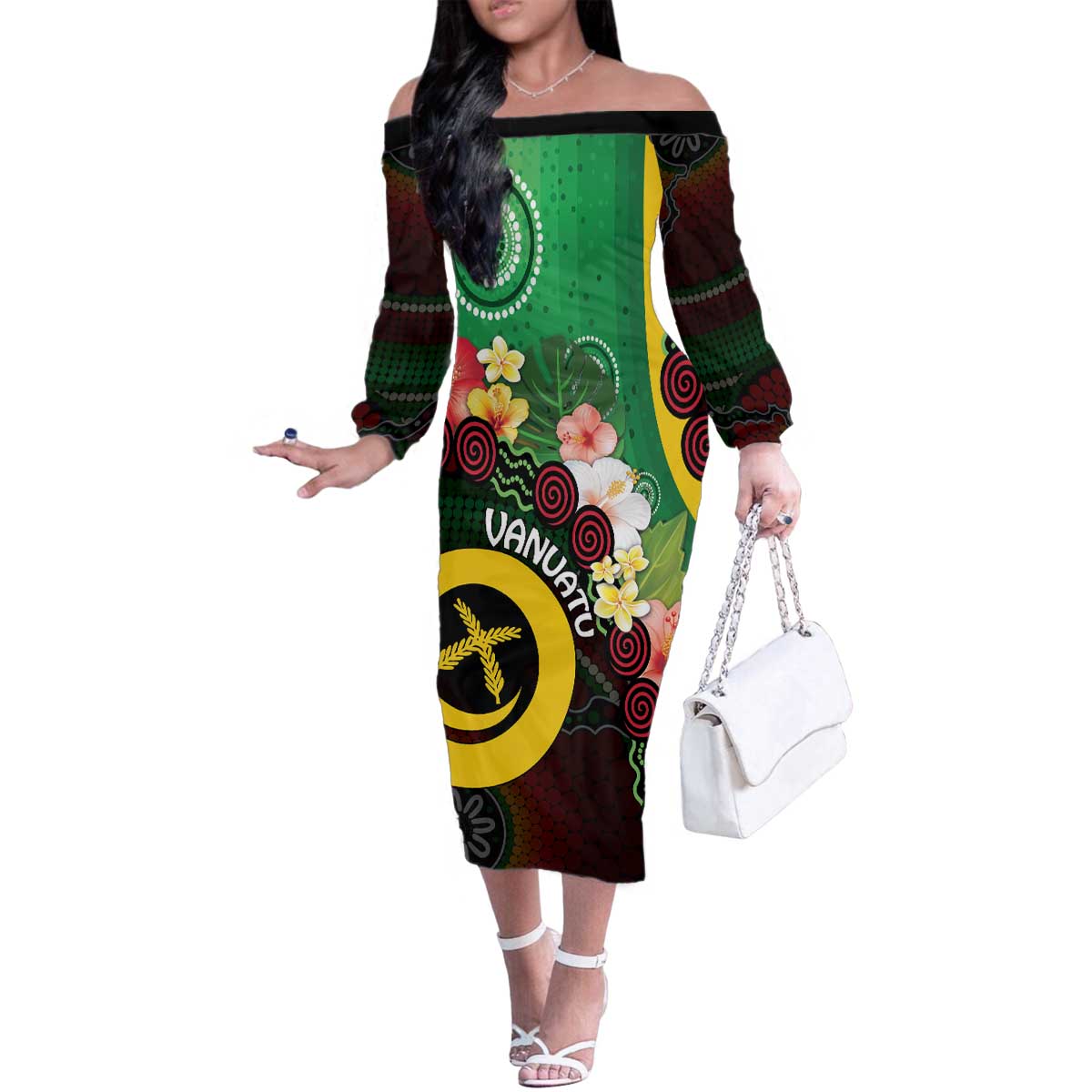 Long God Yumi Stanap Vanuatu Family Matching Off The Shoulder Long Sleeve Dress and Hawaiian Shirt Tropical Flowers Aboriginal Pattern LT14 Mom's Dress Green - Polynesian Pride