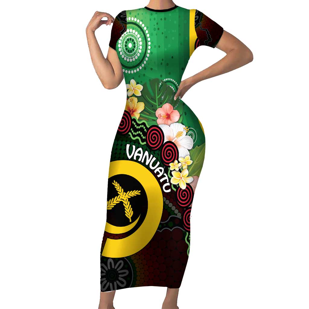 Long God Yumi Stanap Vanuatu Family Matching Short Sleeve Bodycon Dress and Hawaiian Shirt Tropical Flowers Aboriginal Pattern LT14 Mom's Dress Green - Polynesian Pride