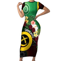 Long God Yumi Stanap Vanuatu Family Matching Short Sleeve Bodycon Dress and Hawaiian Shirt Tropical Flowers Aboriginal Pattern LT14 Mom's Dress Green - Polynesian Pride
