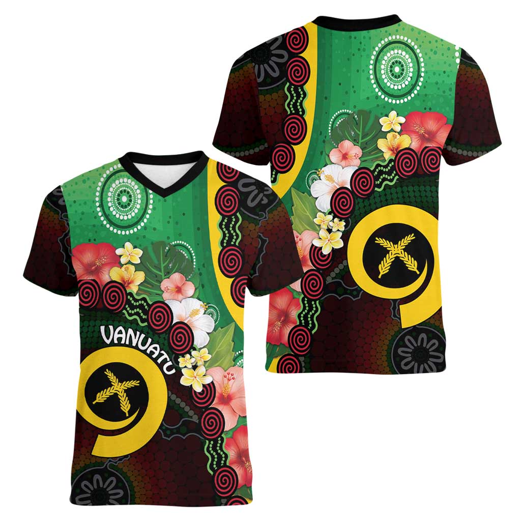 Long God Yumi Stanap Vanuatu Women V-Neck T-Shirt Tropical Flowers Aboriginal Pattern