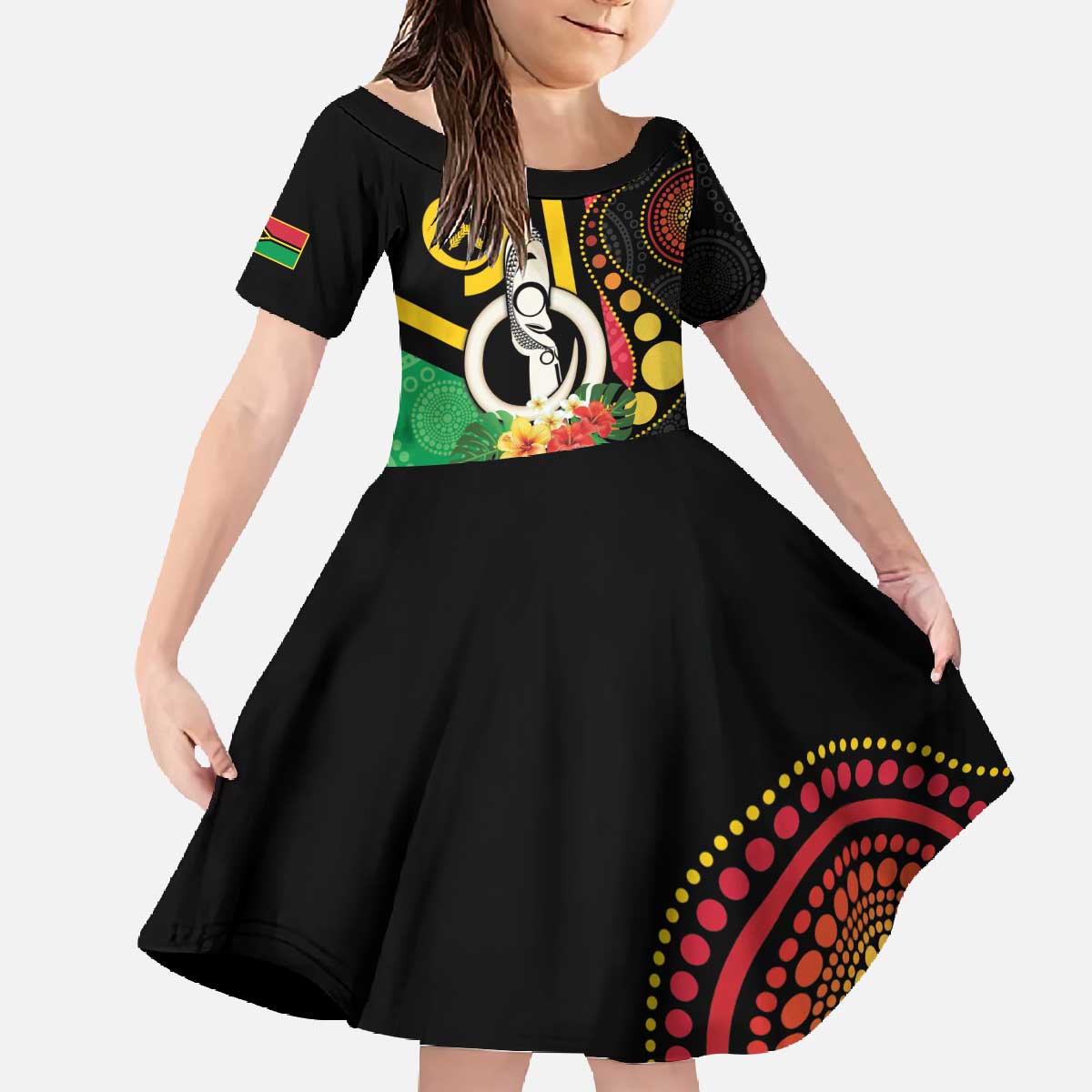 Tamtam Drum Vanuatu Family Matching Off The Shoulder Long Sleeve Dress and Hawaiian Shirt Boar Tusk Aboriginal Flag Style LT14 Daughter's Dress Black - Polynesian Pride