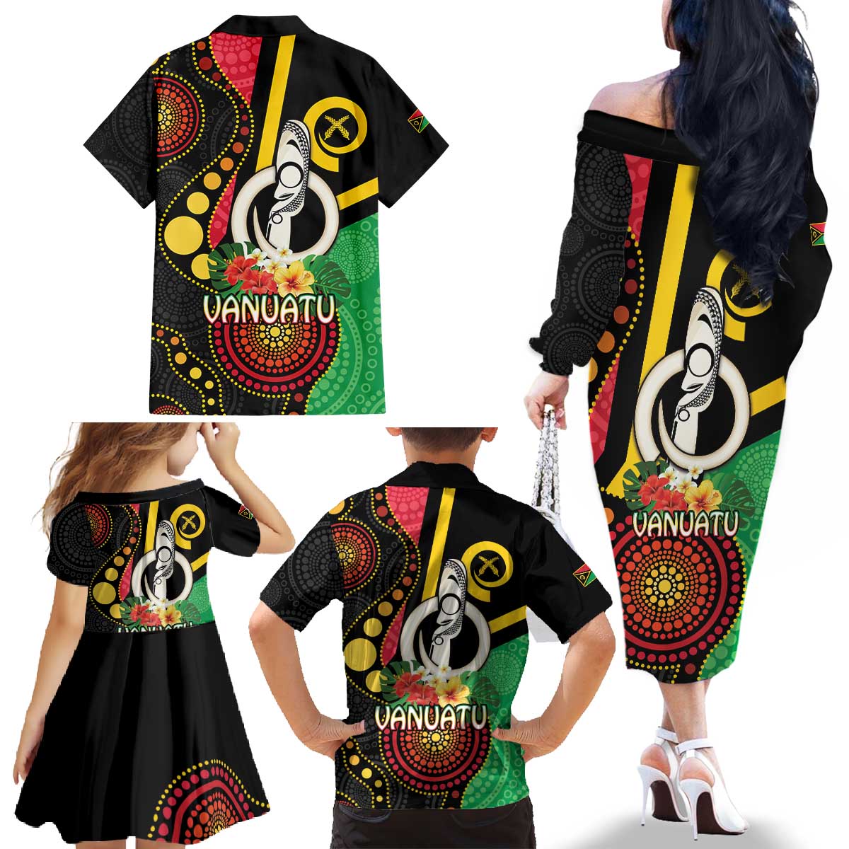 Tamtam Drum Vanuatu Family Matching Off The Shoulder Long Sleeve Dress and Hawaiian Shirt Boar Tusk Aboriginal Flag Style LT14 - Polynesian Pride