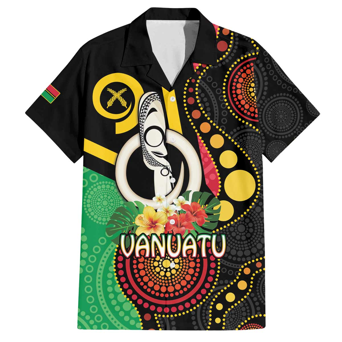 Tamtam Drum Vanuatu Family Matching Off The Shoulder Long Sleeve Dress and Hawaiian Shirt Boar Tusk Aboriginal Flag Style LT14 Dad's Shirt - Short Sleeve Black - Polynesian Pride