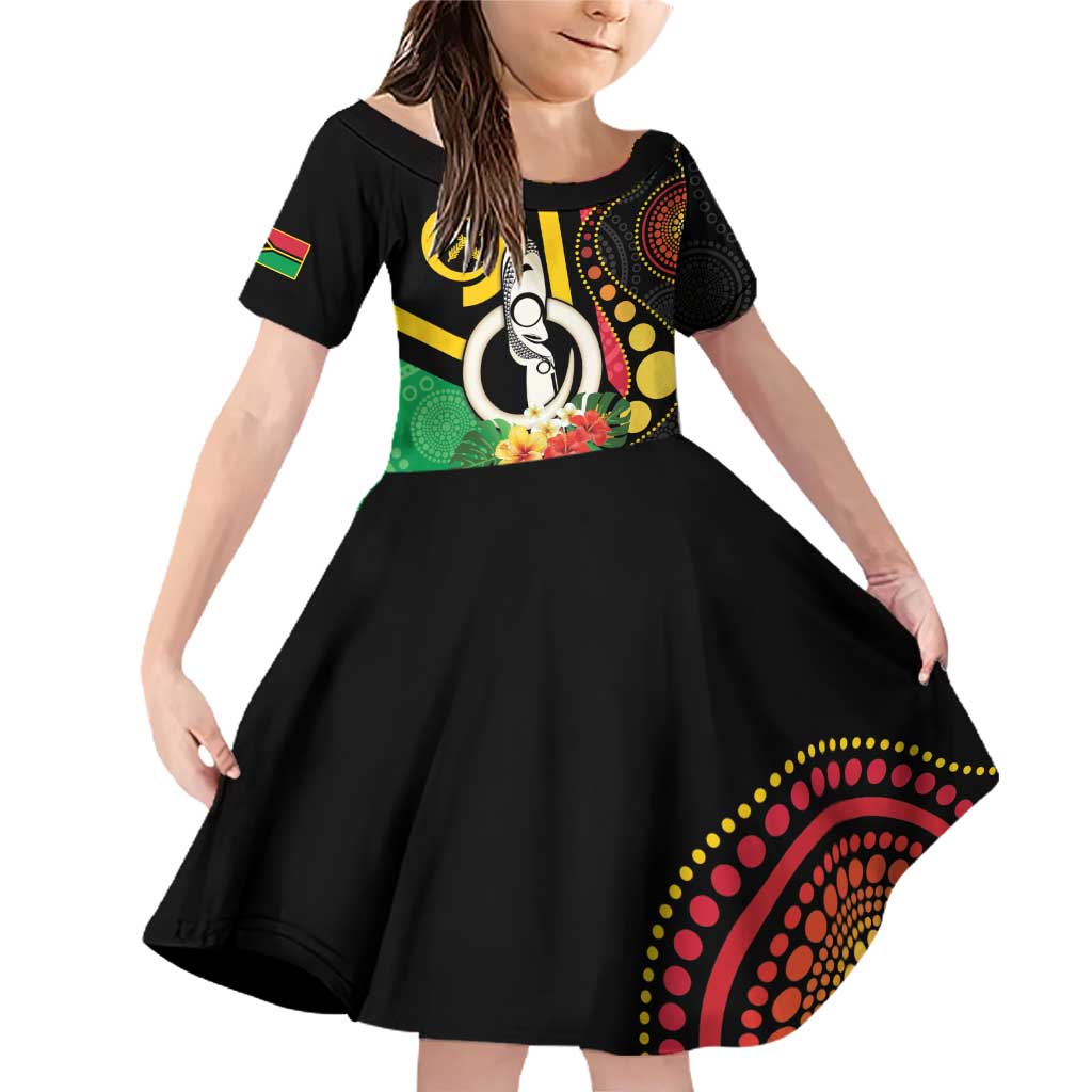 Tamtam Drum Vanuatu Family Matching Off Shoulder Short Dress and Hawaiian Shirt Boar Tusk Aboriginal Flag Style LT14 Daughter's Dress Black - Polynesian Pride