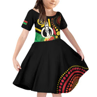 Tamtam Drum Vanuatu Family Matching Off Shoulder Short Dress and Hawaiian Shirt Boar Tusk Aboriginal Flag Style LT14 Daughter's Dress Black - Polynesian Pride