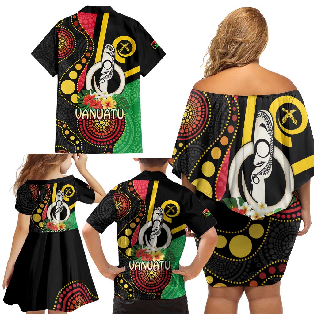 Tamtam Drum Vanuatu Family Matching Off Shoulder Short Dress and Hawaiian Shirt Boar Tusk Aboriginal Flag Style LT14 - Polynesian Pride