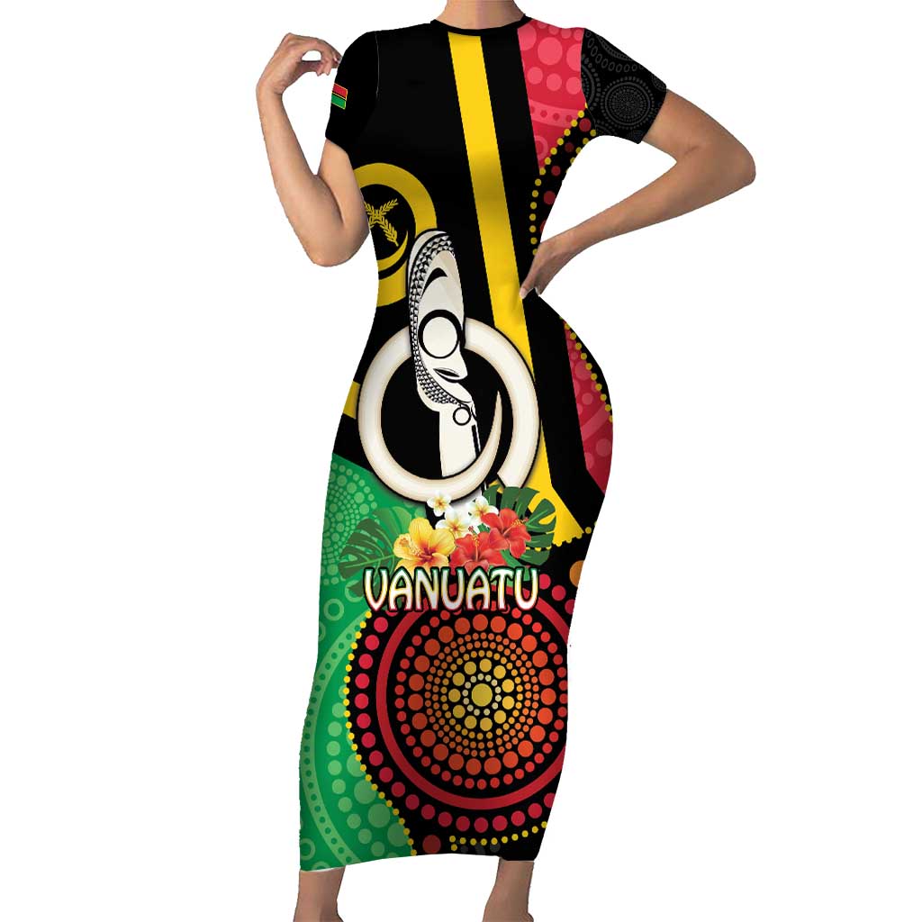 Tamtam Drum Vanuatu Family Matching Short Sleeve Bodycon Dress and Hawaiian Shirt Boar Tusk Aboriginal Flag Style LT14 Mom's Dress Black - Polynesian Pride