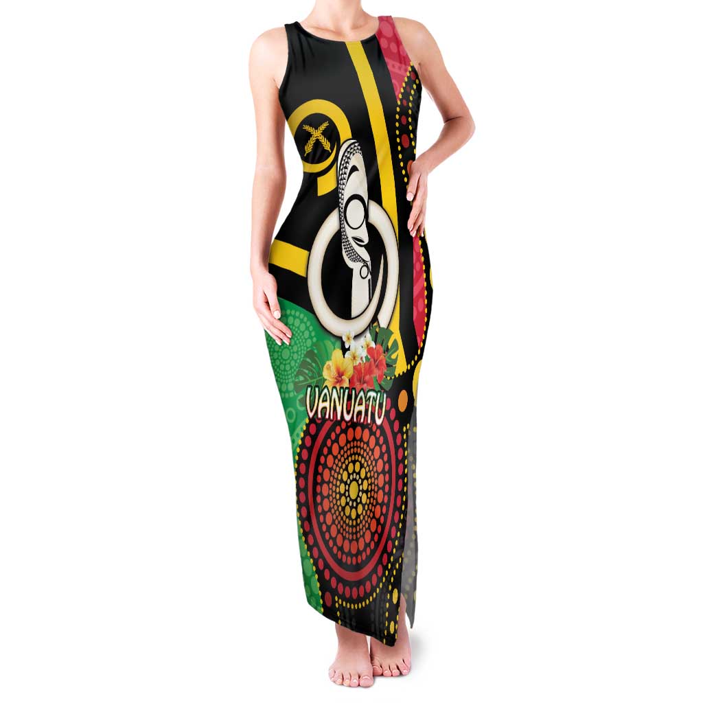 Tamtam Drum Vanuatu Family Matching Tank Maxi Dress and Hawaiian Shirt Boar Tusk Aboriginal Flag Style LT14 Mom's Dress Black - Polynesian Pride