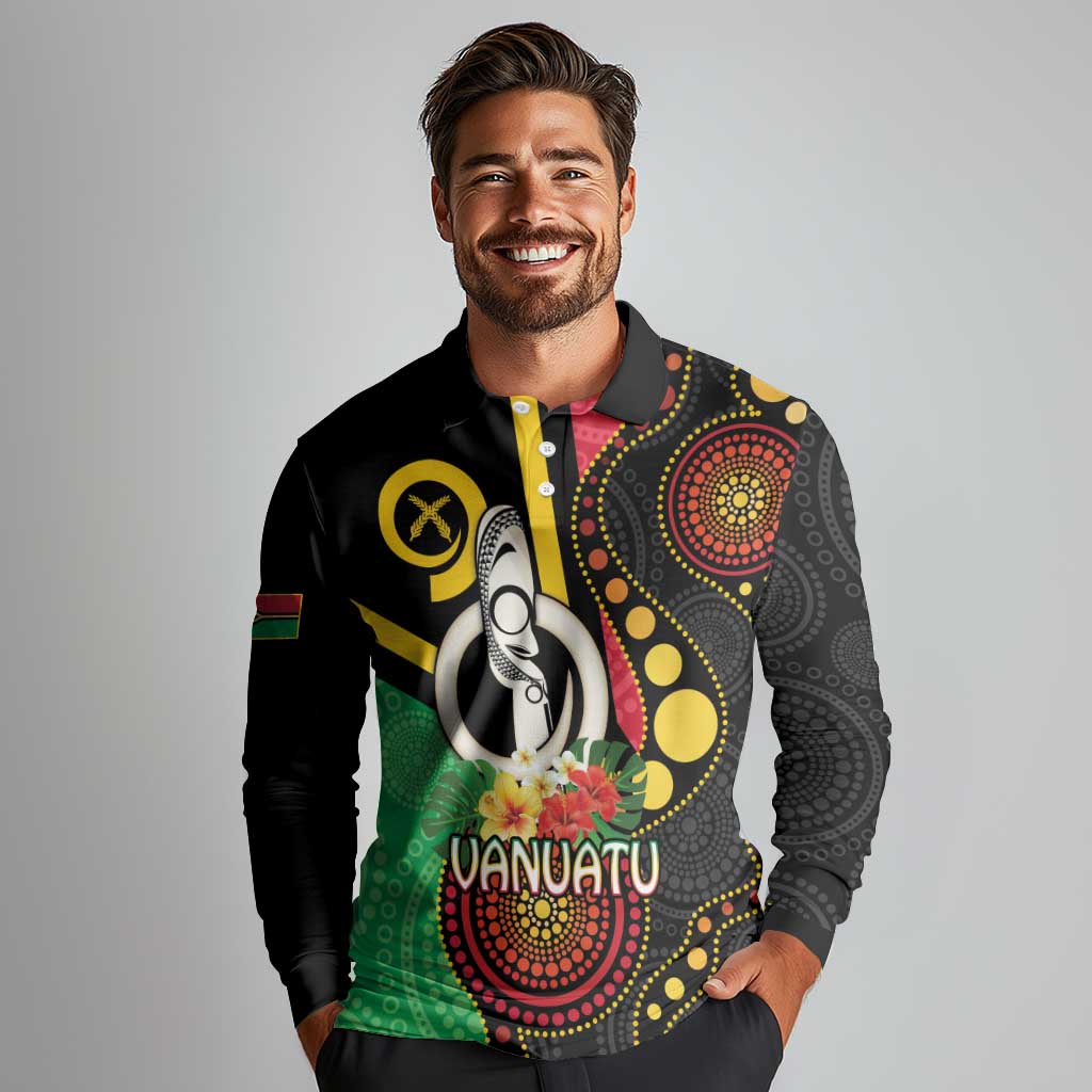 Tamtam Drum Vanuatu Long Sleeve Polo Shirt Boar Tusk Aboriginal Flag Style