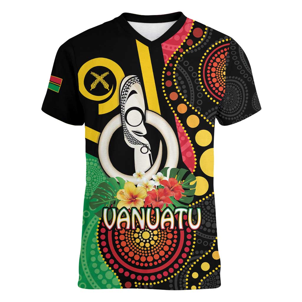 Tamtam Drum Vanuatu Women V-Neck T-Shirt Boar Tusk Aboriginal Flag Style
