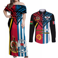 Vanuatu And West Papua Couples Matching Off Shoulder Maxi Dress and Long Sleeve Button Shirts Coat Of Arms Mix Flag Style LT14 Black - Polynesian Pride