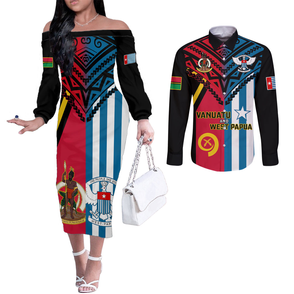 Vanuatu And West Papua Couples Matching Off The Shoulder Long Sleeve Dress and Long Sleeve Button Shirts Coat Of Arms Mix Flag Style LT14 Black - Polynesian Pride