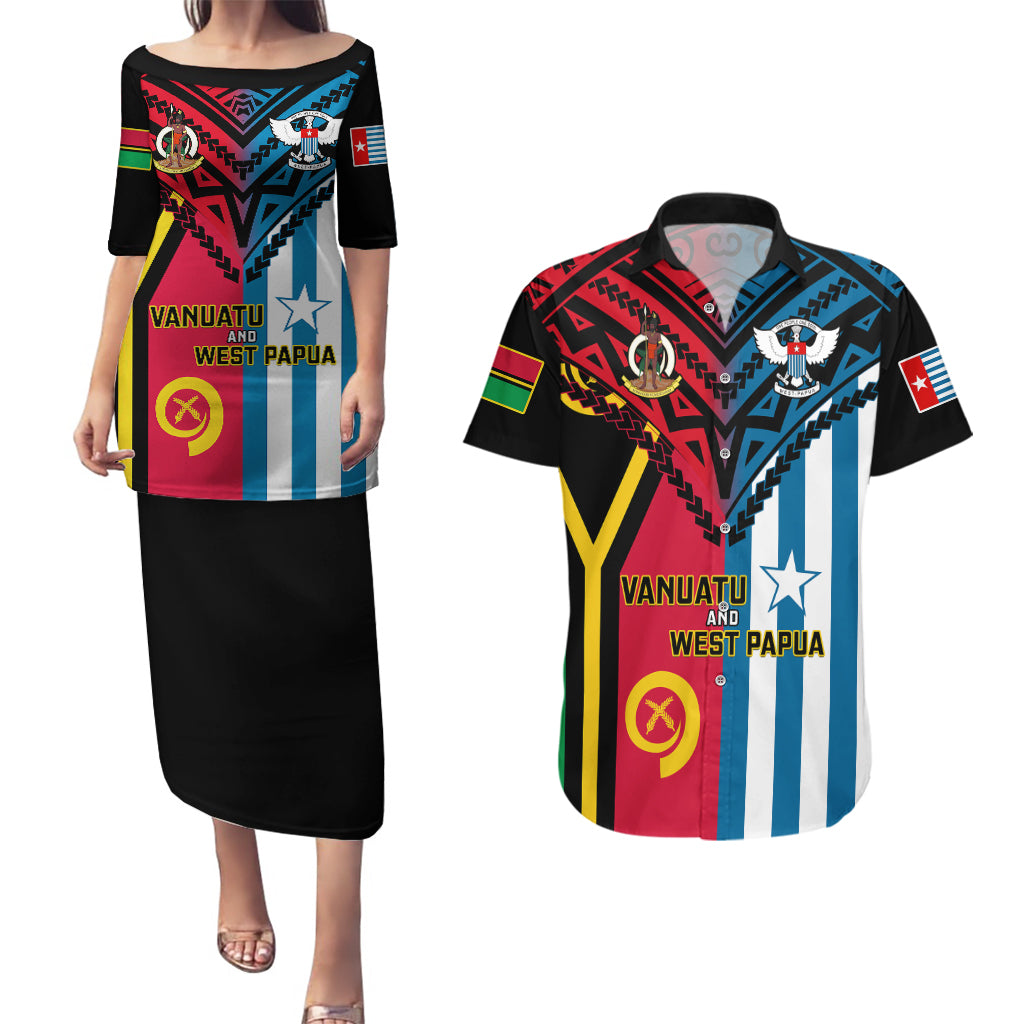 Vanuatu And West Papua Couples Matching Puletasi Dress and Hawaiian Shirt Coat Of Arms Mix Flag Style LT14 Black - Polynesian Pride
