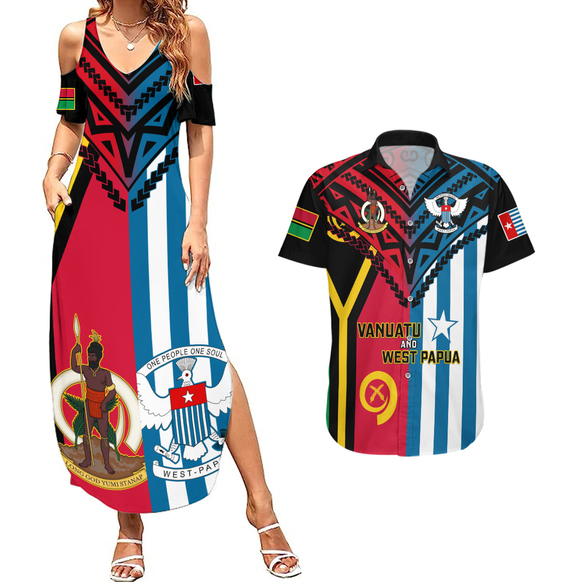 Vanuatu And West Papua Couples Matching Summer Maxi Dress and Hawaiian Shirt Coat Of Arms Mix Flag Style LT14 Black - Polynesian Pride