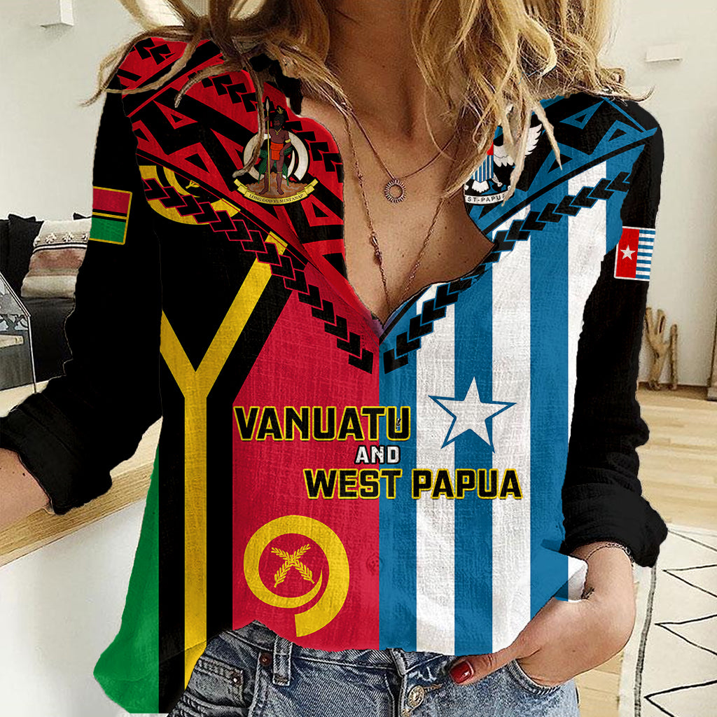 Vanuatu And West Papua Women Casual Shirt Coat Of Arms Mix Flag Style LT14 Female Black - Polynesian Pride