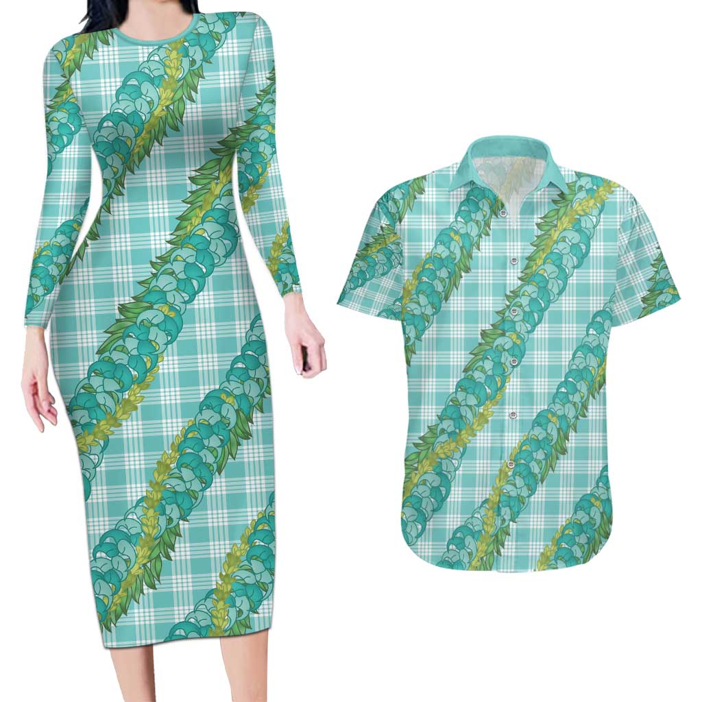 Hawaii Jade Vine Lei Couples Matching Long Sleeve Bodycon Dress and Hawaiian Shirt Aloha Palaka Motif - Turquoise LT14 Turquoise - Polynesian Pride