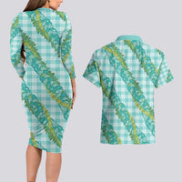 Hawaii Jade Vine Lei Couples Matching Long Sleeve Bodycon Dress and Hawaiian Shirt Aloha Palaka Motif - Turquoise LT14 - Polynesian Pride