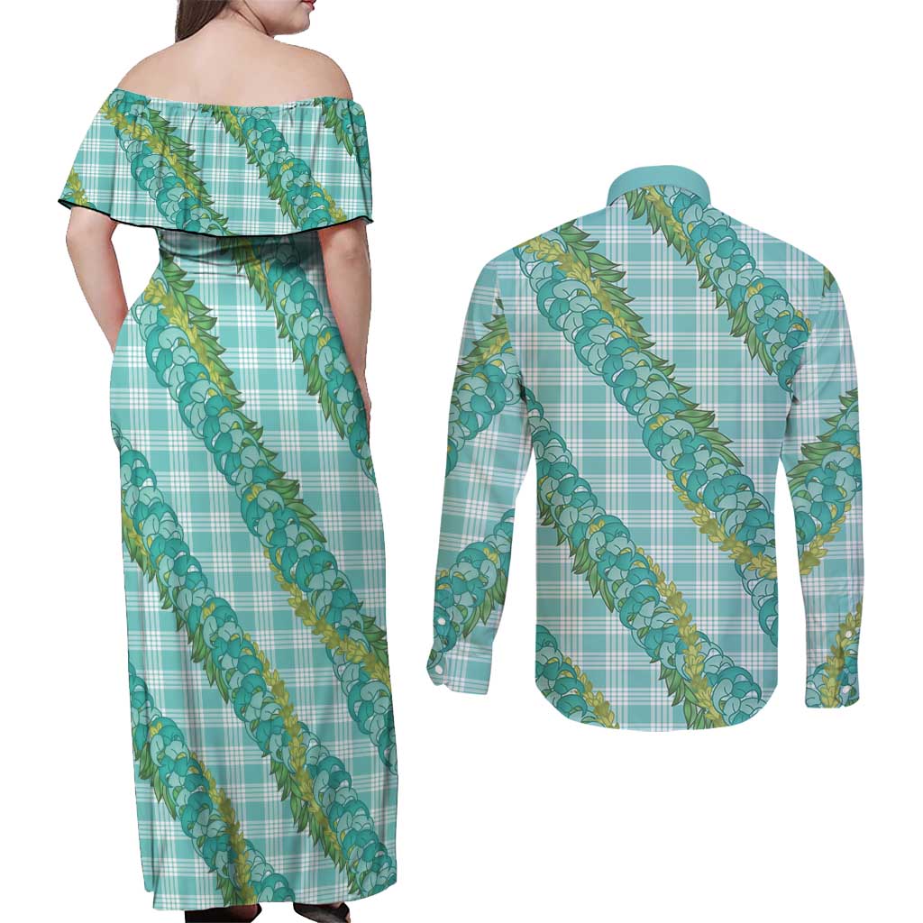 Hawaii Jade Vine Lei Couples Matching Off Shoulder Maxi Dress and Long Sleeve Button Shirt Aloha Palaka Motif - Turquoise - Polynesian Pride
