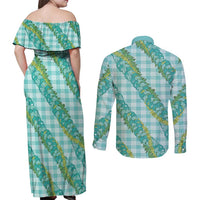 Hawaii Jade Vine Lei Couples Matching Off Shoulder Maxi Dress and Long Sleeve Button Shirt Aloha Palaka Motif - Turquoise - Polynesian Pride