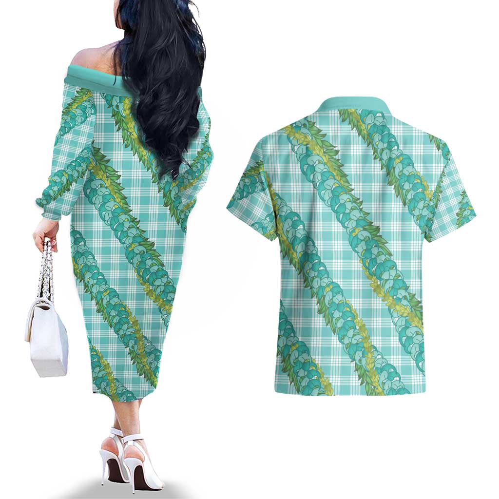 Hawaii Jade Vine Lei Couples Matching Off The Shoulder Long Sleeve Dress and Hawaiian Shirt Aloha Palaka Motif - Turquoise LT14 - Polynesian Pride
