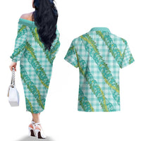 Hawaii Jade Vine Lei Couples Matching Off The Shoulder Long Sleeve Dress and Hawaiian Shirt Aloha Palaka Motif - Turquoise LT14 - Polynesian Pride
