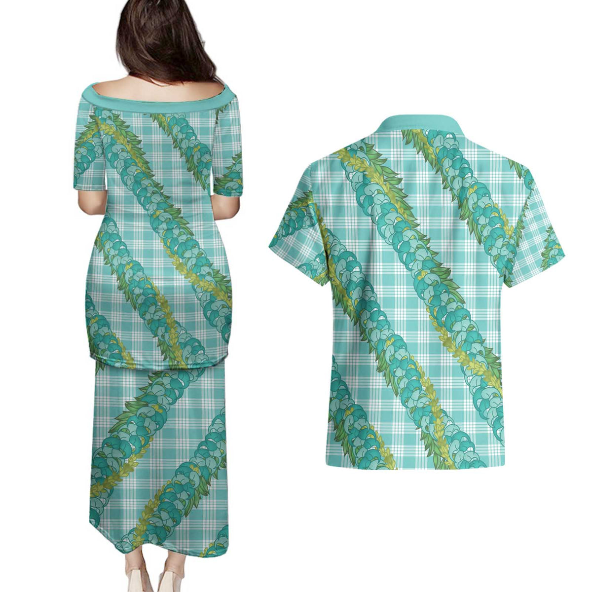 Hawaii Jade Vine Lei Couples Matching Puletasi and Hawaiian Shirt Aloha Palaka Motif - Turquoise - Polynesian Pride