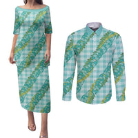 Hawaii Jade Vine Lei Couples Matching Puletasi and Long Sleeve Button Shirt Aloha Palaka Motif - Turquoise - Polynesian Pride