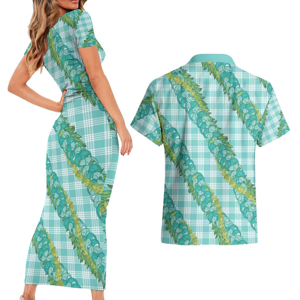 Hawaii Jade Vine Lei Couples Matching Short Sleeve Bodycon Dress and Hawaiian Shirt Aloha Palaka Motif - Turquoise LT14 - Polynesian Pride