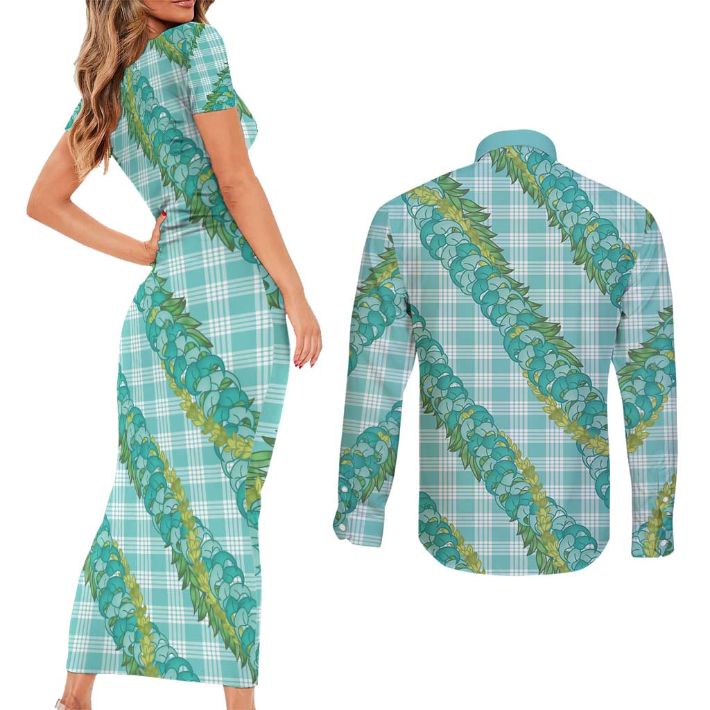 Hawaii Jade Vine Lei Couples Matching Short Sleeve Bodycon Dress and Long Sleeve Button Shirt Aloha Palaka Motif - Turquoise - Polynesian Pride